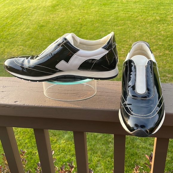 Salvatore Ferragamo Black Patent and White Leather Slip On Sneaker Shoes 10 B - Picture 3 of 16